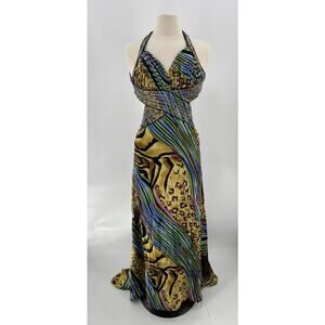 Cache Vintage Dress Womens 4 Multicolor Silk Animal Print Halter Cocktail Beaded
